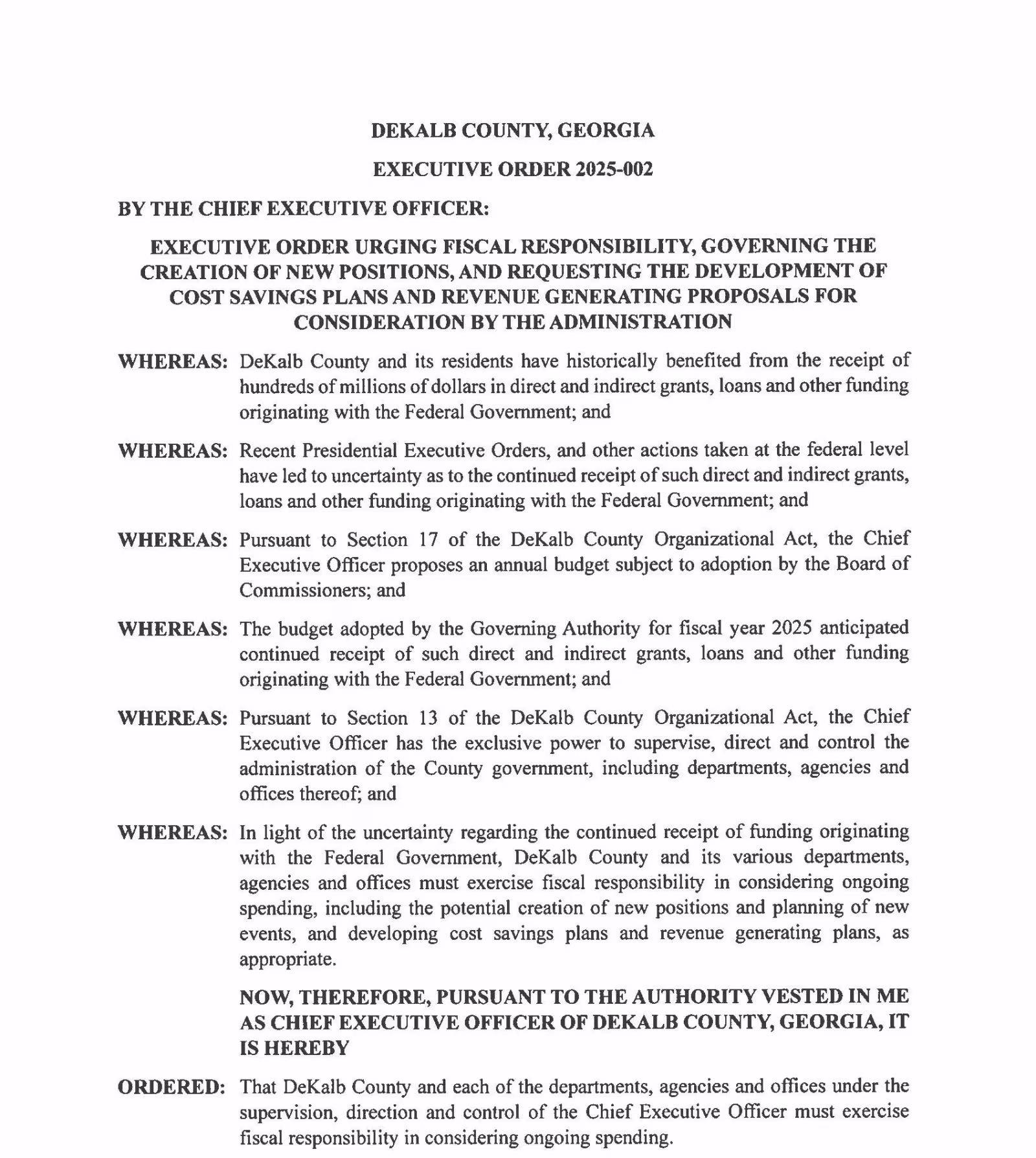 An executive order from DeKalb County, Georgia, labeled 2025-002, emphasizes fiscal responsibility, budget planning, and revenue generation due to federal funding uncertainties.