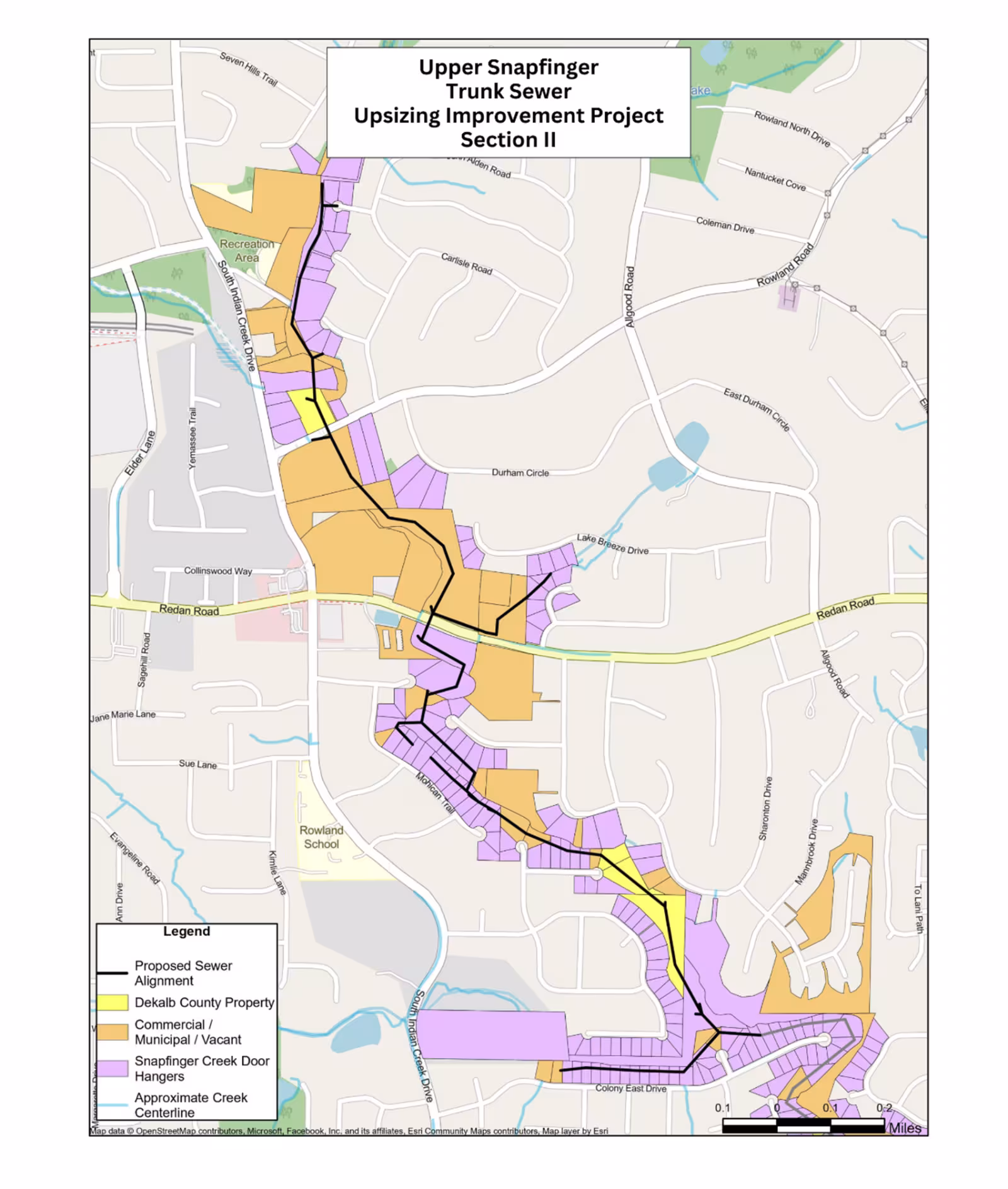 Map displaying the Upper Snapfinger Trunk Sewer Upsizing Improvement Project, Section II. Highlighted areas show the proposed sewer alignment, DeKalb County properties, commercial zones, and municipal or vacant land. The map, with a legend, illustrates paths and connections through residential streets in a pastel color scheme, conveying a technical and urban planning focus.