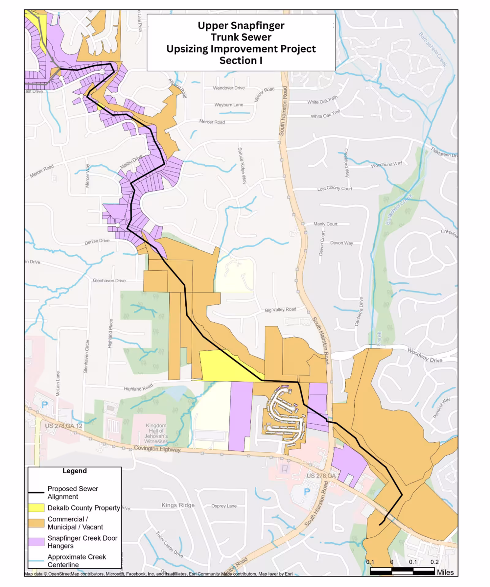 Map of Upper Snapfinger Trunk Sewer Upsizing Project, Section 1. Shows proposed sewer alignment, Dekalb County properties, commercial areas, and creeks.