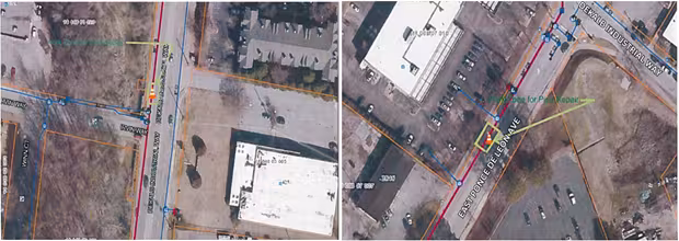 Aerial view of two street sections with overlays showing property lines, roads, and markings for utility lines. Buildings, parking lots, and trees visible.