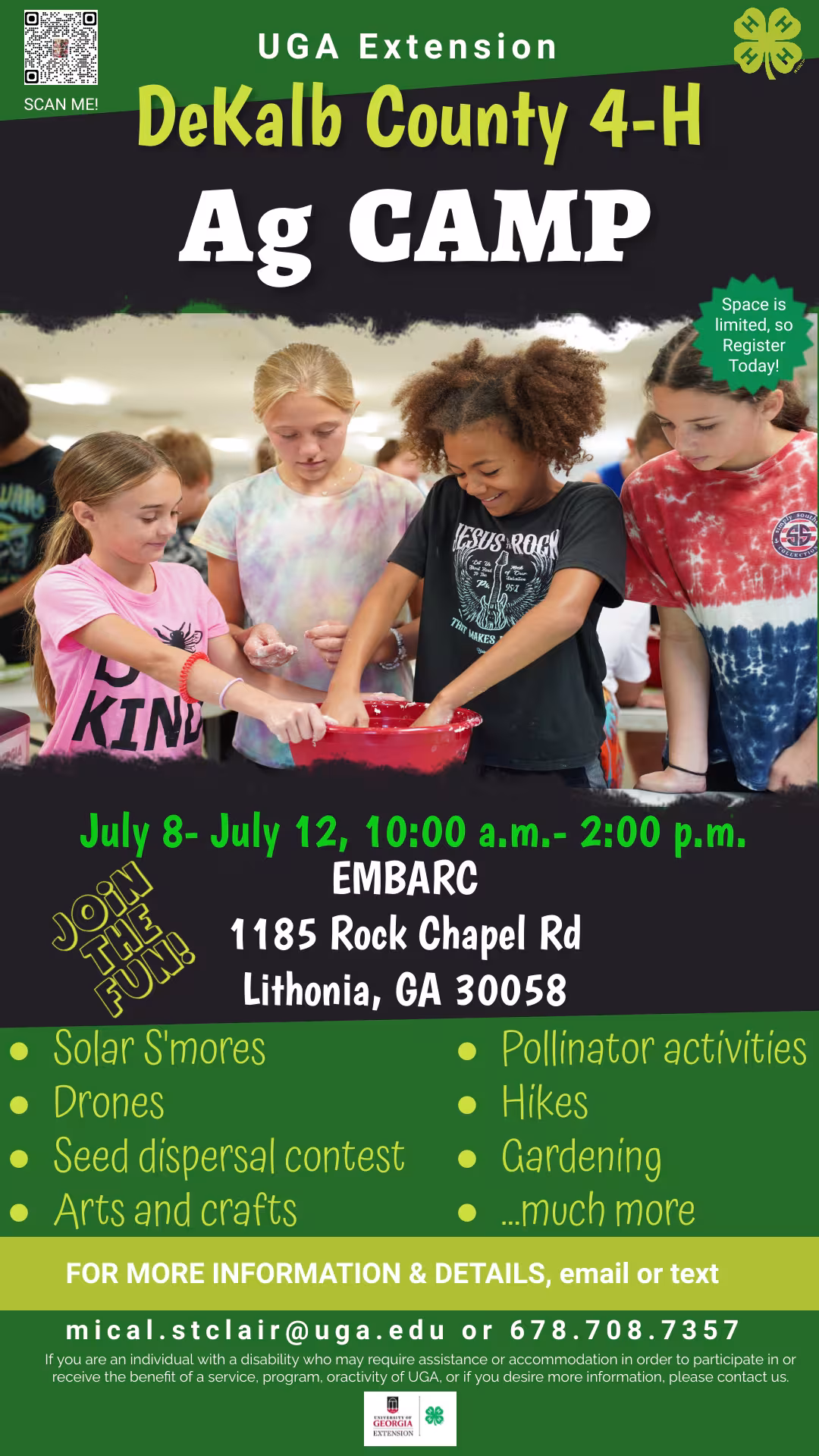 Four children gather around a table at a 4-H Ag Camp, engaged in a science activity. The poster includes camp details and activities like arts and crafts.