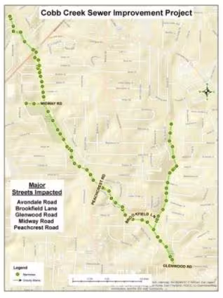 Map showing the Cobb Creek Sewer Improvement Project route with green dots. Key impacted streets: Avondale, Brookfield Lane, Glenwood, Midway, Peachcrest.