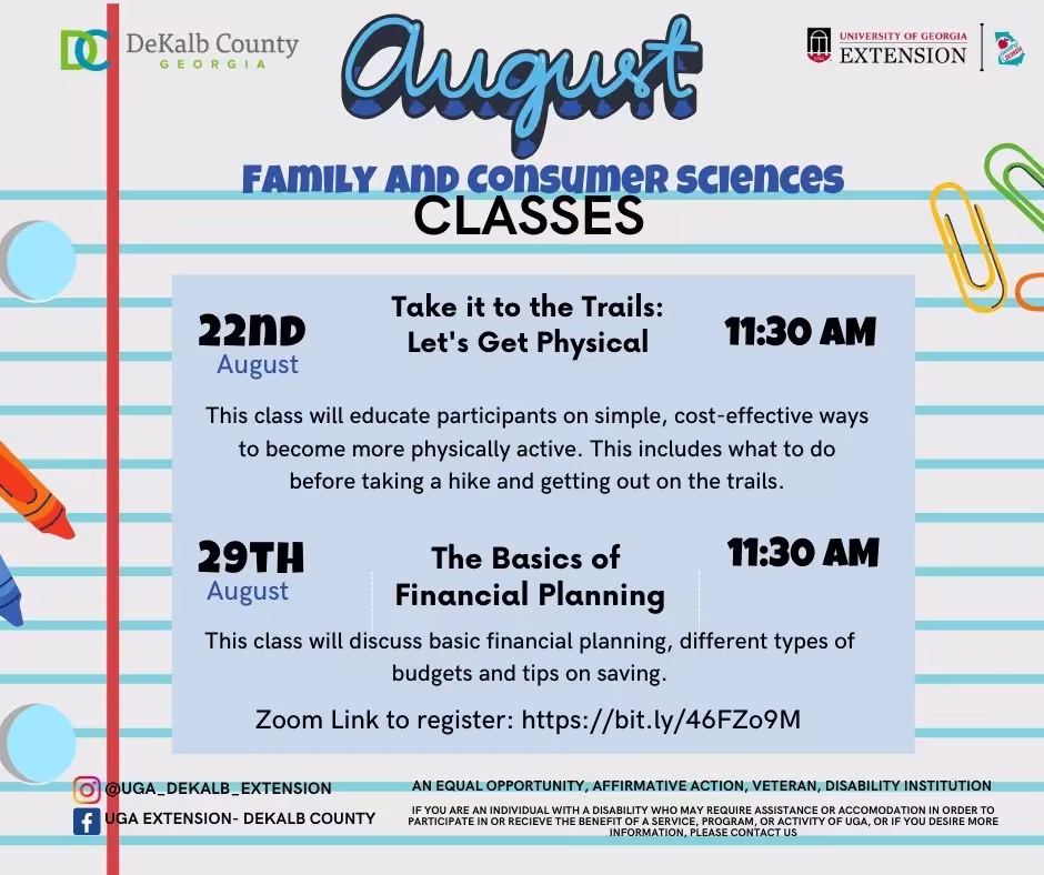 August Family and Consumer Sciences classes flyer by DeKalb County. Highlights physical activity on August 22 and financial planning on August 29, 11:30 AM.