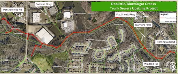 Aerial map showing the Doolittle/Blue/Sugar Creeks trunk sewer upsizing project, with a red line marking the route along streets and wooded areas. Key roads like Panthersville Rd, Colonial Pkwy, and Waldrop Rd are labeled.