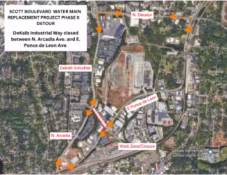 Map showing detour for Scott Boulevard Water Main Project Phase II in DeKalb. Closed roads include DeKalb Industrial Way, N. Arcadia Ave, and E. Ponce de Leon Ave. Key points are marked with orange arrows.