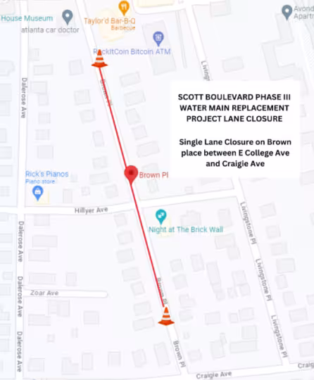 Map showing a lane closure on Brown Place between E College Ave and Craigie Ave for a water main replacement project. Includes nearby landmarks.