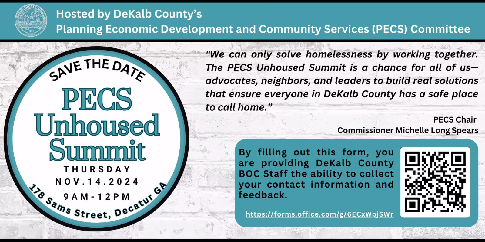Save the Date for the PECS Unhoused Summit on Nov 14, 2024, 9 AM-12 PM in Decatur, GA. Event emphasizes collaboration to address homelessness.