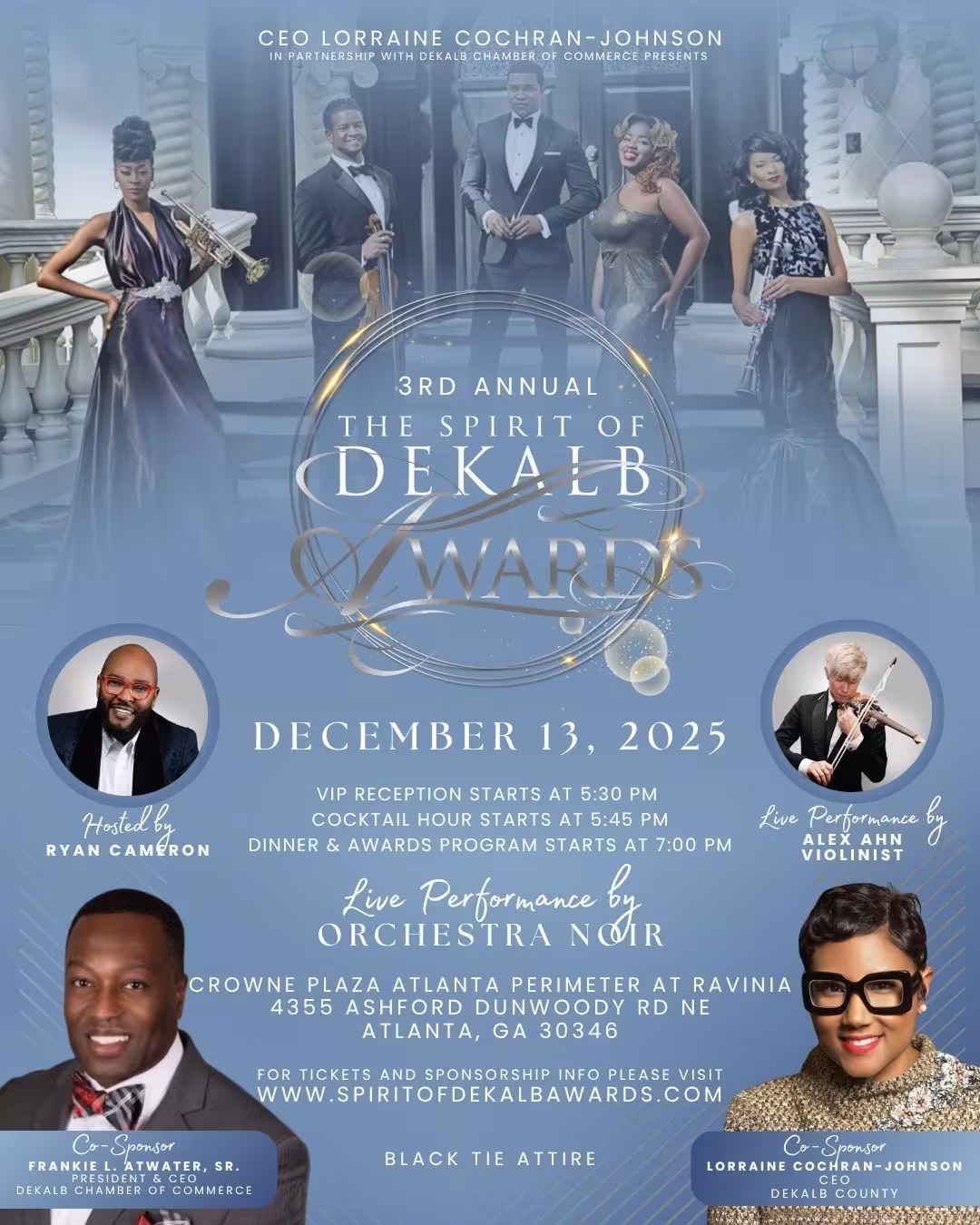Promotional poster for the 3rd Annual Spirit of DeKalb Awards on December 13, 2025. Features five elegantly dressed individuals and event details, including performances by Orchestra Noir and violinist Alex Ahn. Hosted by Ryan Cameron, co-sponsored by Frankie L. Atwater and Lorraine Cochran-Johnson. Black tie attire.