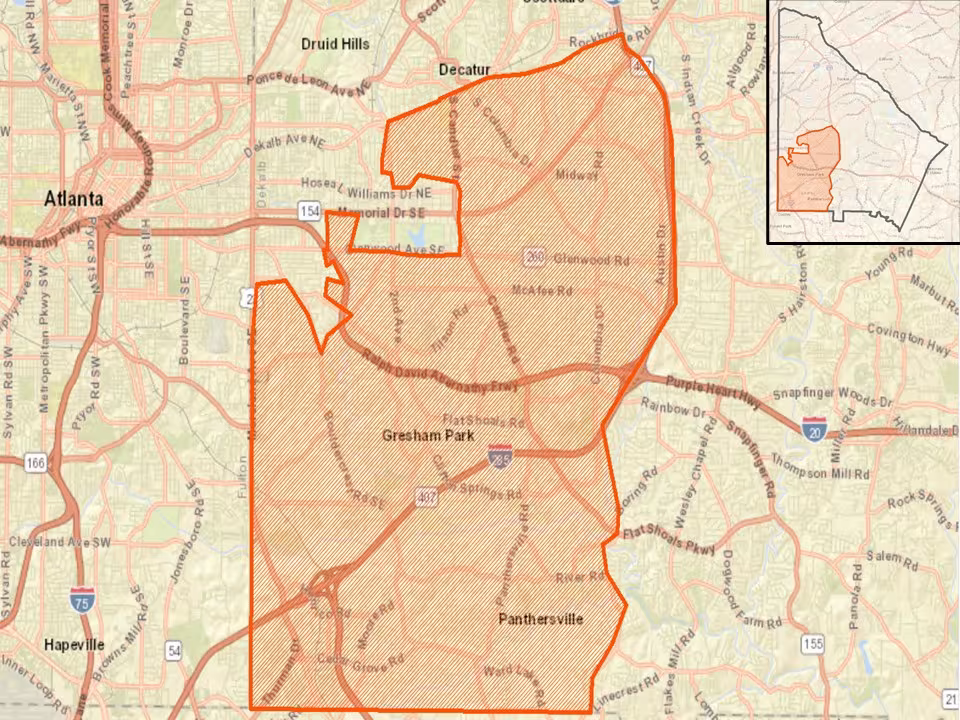 Map highlighting a shaded area in East Atlanta, covering Gresham Park and Panthersville. A small inset shows its location within a larger map.