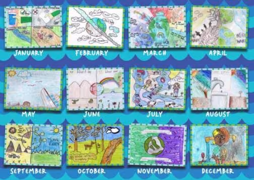 Illustrated children's calendar showcases environmental themes for each month. Vibrant drawings include earth, nature, and conservation elements.