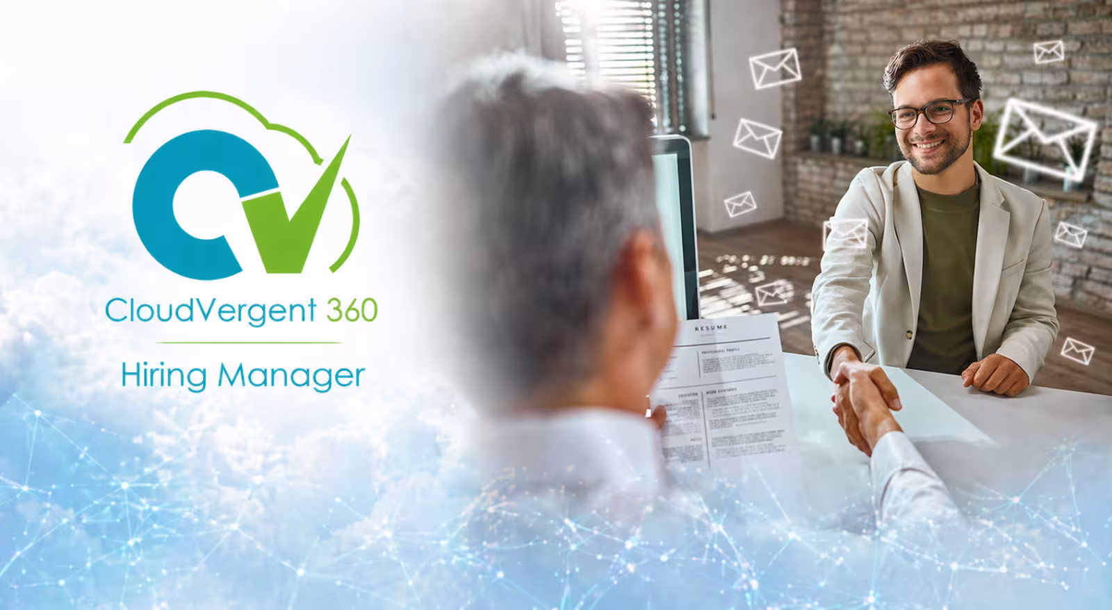 CloudVergent 360 Hiring Manager banner with logo and handshake between interviewer and candidate