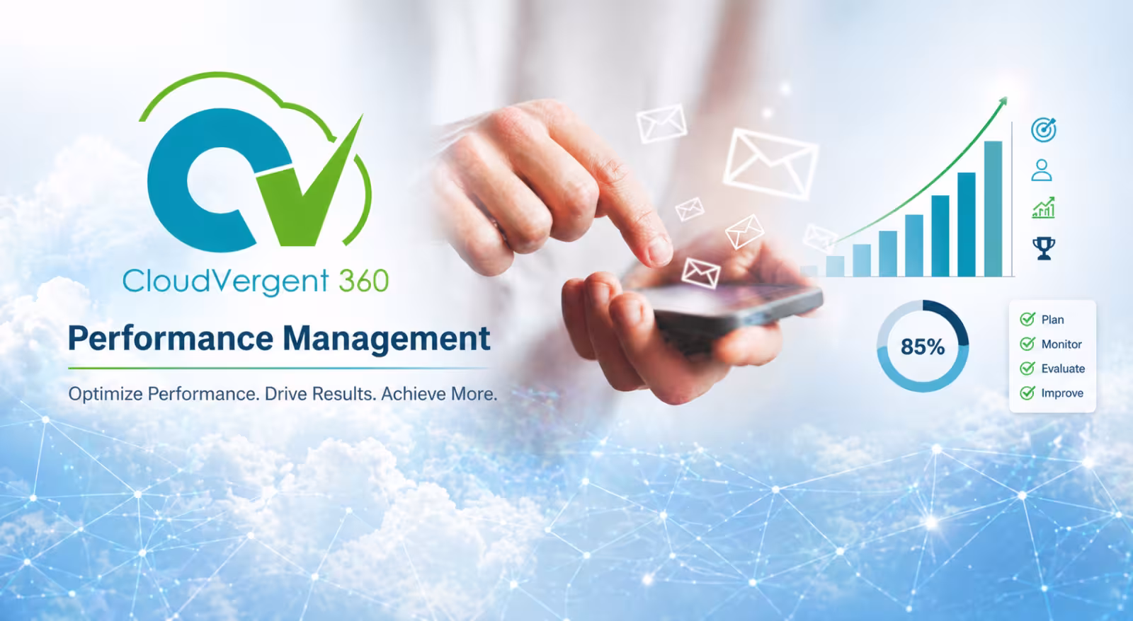 CloudVergent 360 banner showing a hand using a smartphone with digital icons and performance analytics, including a rising chart and progress indicator on a cloud-themed background.