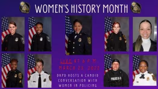 Collage of eight women police officers in uniform against a backdrop of American flags, celebrating Women's History Month. Event details for March 23, 2022, highlight a live discussion on women in policing.