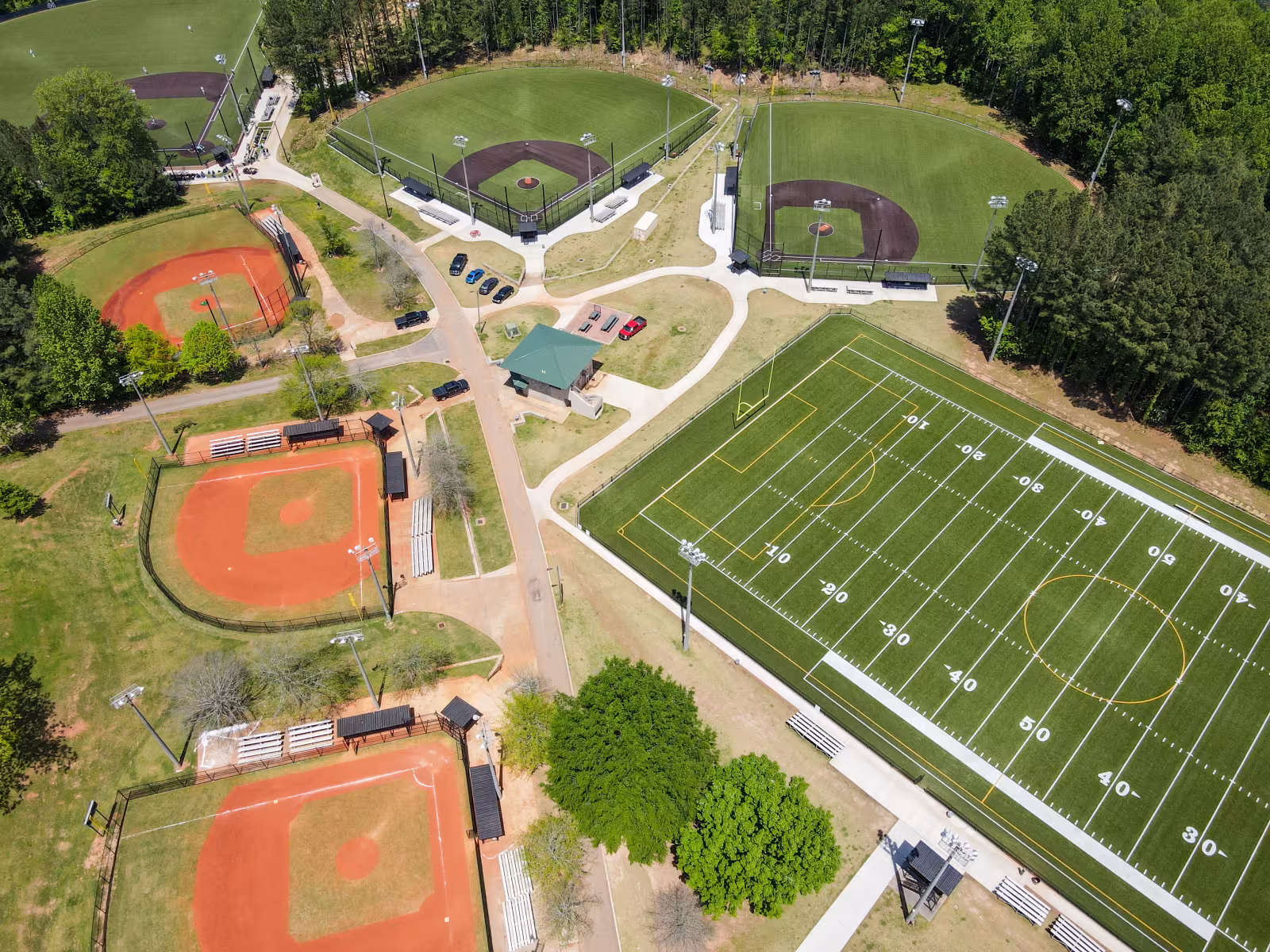 Drone shot of Gresham Park Ball Fields showing 5 baseball fields and a football field.