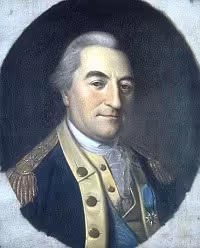Portrait of a man in 18th-century military attire with a dark blue coat, white cravat, and gold epaulettes. He gazes confidently, set against a dark oval background.