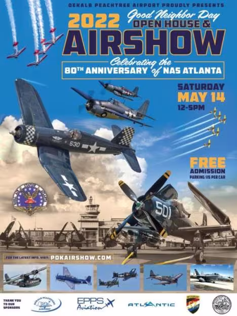Poster for the 2022 Good Neighbor Day Airshow at Dekalb Peachtree Airport, celebrating NAS Atlanta's 80th anniversary. Features vintage aircraft and event details for Saturday, May 14, 12-5 PM, with free admission.