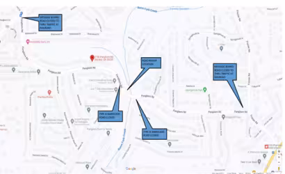 Map displaying Eagle Ridge area with blue labels indicating bird nesting locations. Text boxes point to specific streets and landmarks for reference.