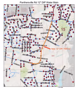 Map showing Panthersville Rd 12" DIP Water Main project. Streets, water lines, and a highlighted path labeled "New 12" DIP 7800LF" are visible.