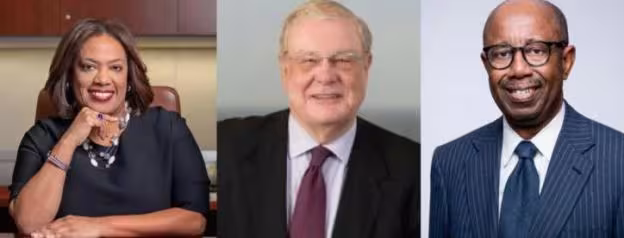 Three individuals are pictured in a collage. On the left, a woman smiles confidently, dressed in black. In the center and right, two men in suits appear professional.