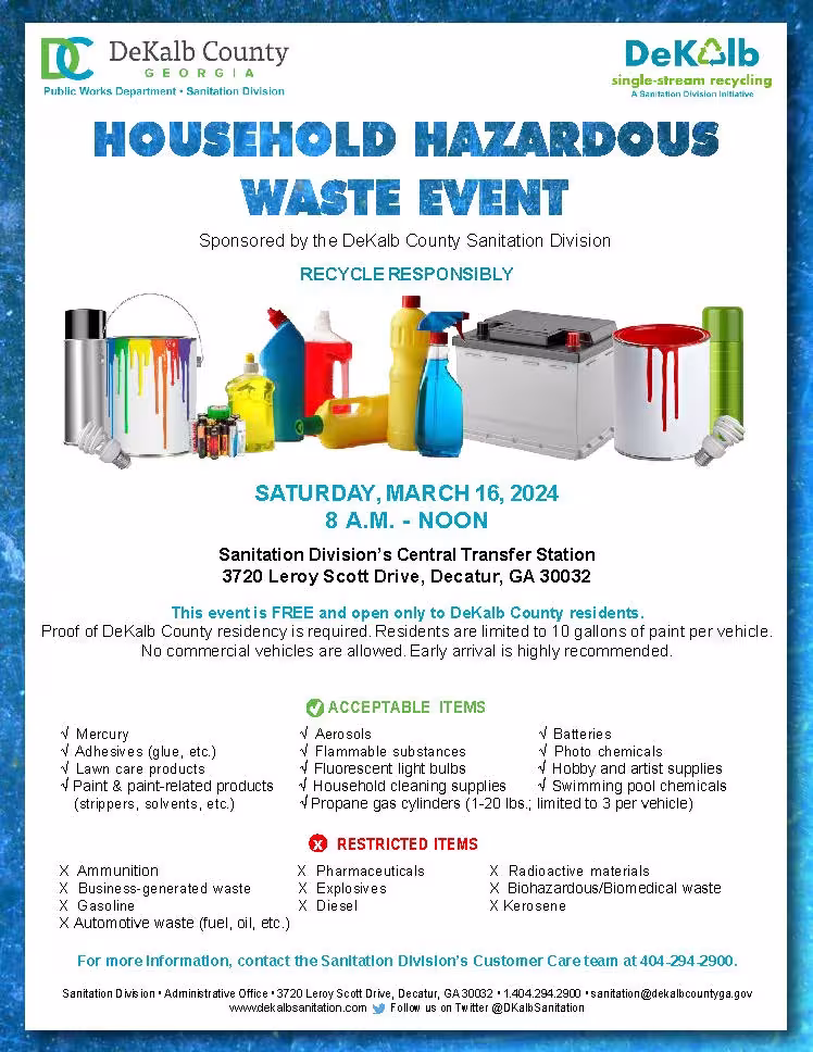 Flyer for DeKalb County Household Hazardous Waste Event on March 16, 2024, from 8 AM to noon. Features colorful waste items and lists accepted (e.g., batteries, paint) and restricted (e.g., ammunition, explosives) materials. Event is free for residents.