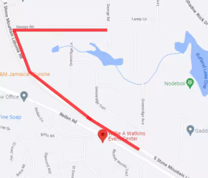 Map showing a region with roads and water bodies. A bold red line highlights a route starting from George Road and ending at a point on Redan Road.