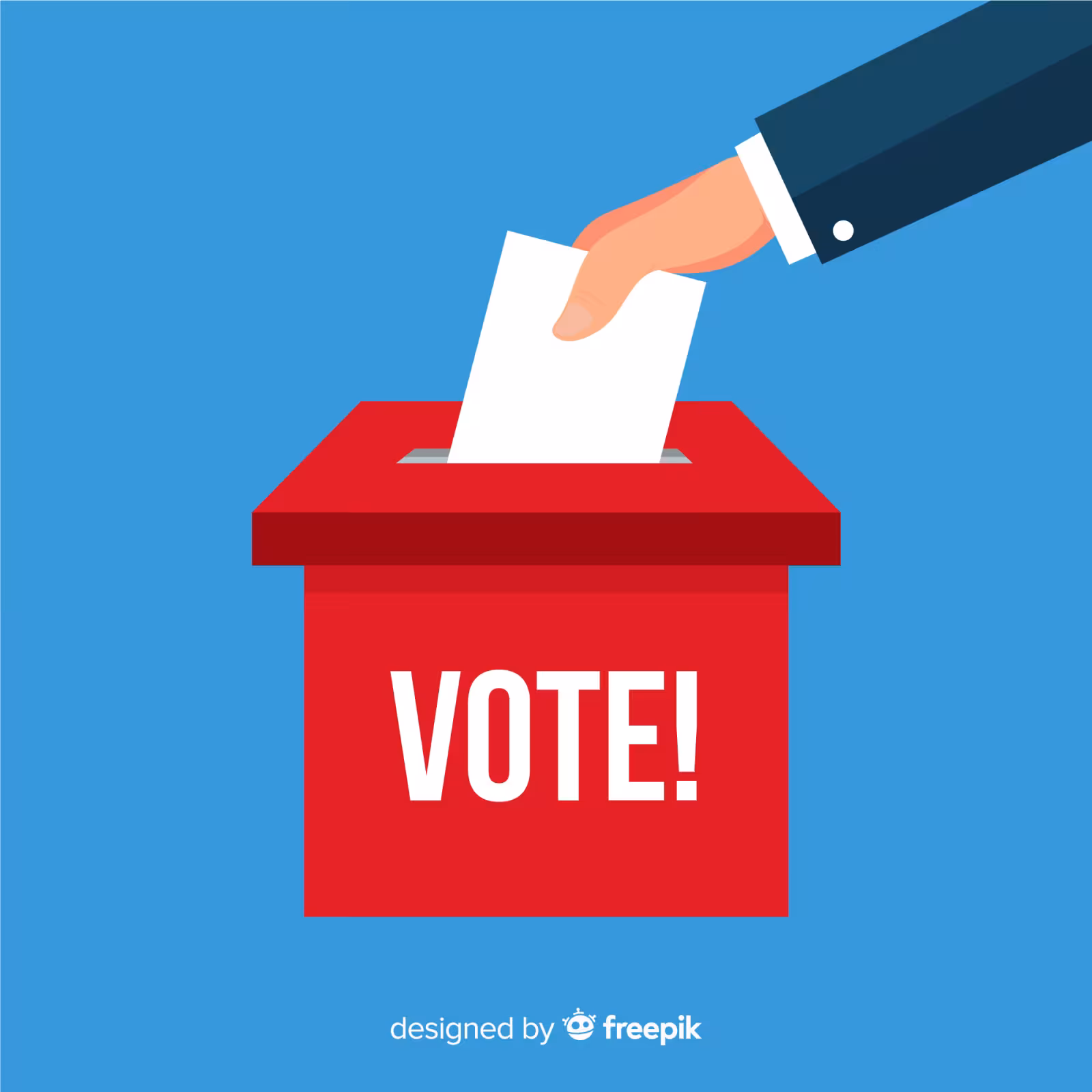A hand in a suit places a white ballot into a red box labeled "VOTE!" on a blue background, conveying the importance of voting.