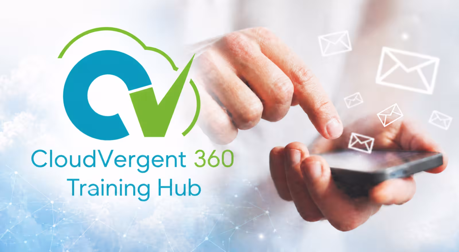 Futuristic style hue over clouds with a blue letter C, a green letter V and text under it with a man tapping on a phone screen.