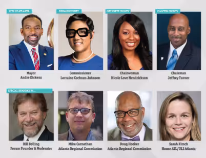 Group portrait of eight diverse professionals, each labeled by title and affiliation, conveying leadership and collaboration in an urban planning context.