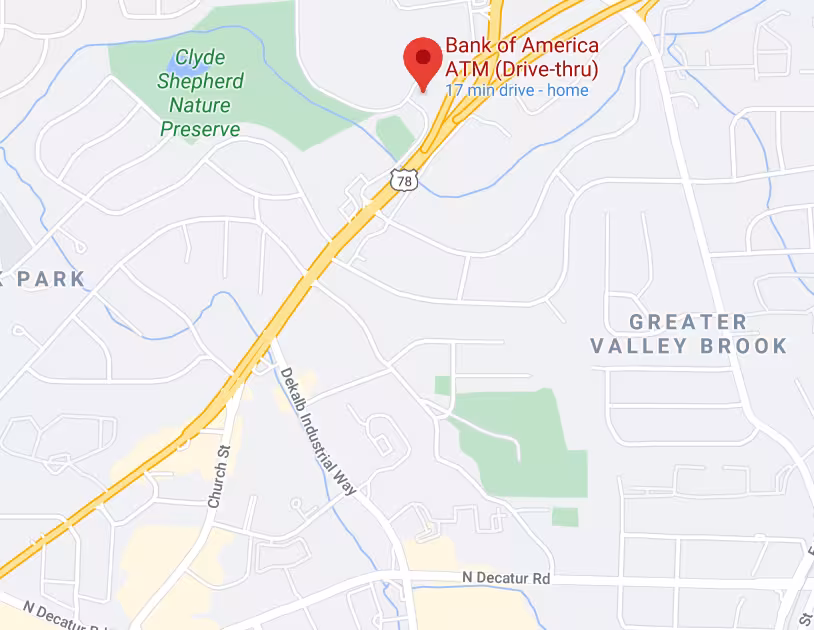 Map featuring location of a Bank of America ATM marked with a red pin. Nearby areas include Clyde Shepherd Nature Preserve and Greater Valley Brook.