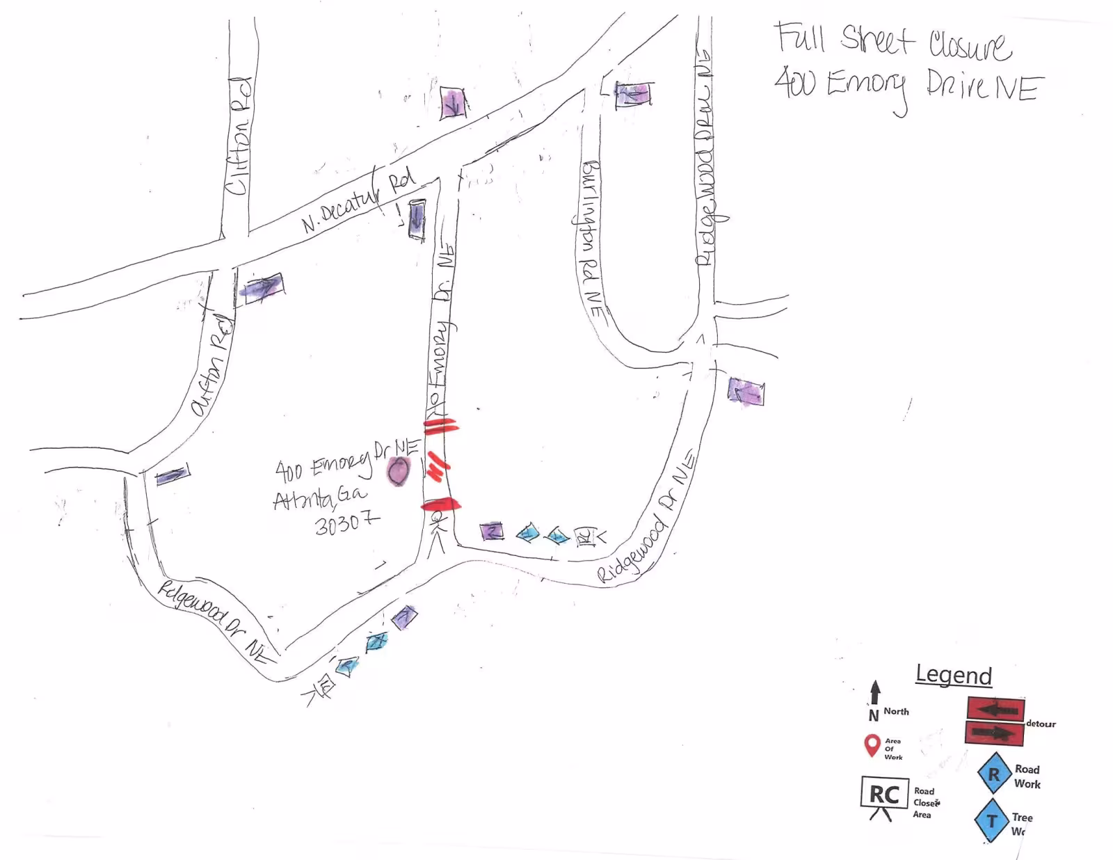 Hand-drawn map shows a full street closure at 400 Emory Dr NE, marked with red symbols. Nearby roads include Ridgewood Dr and N Decatur Rd.