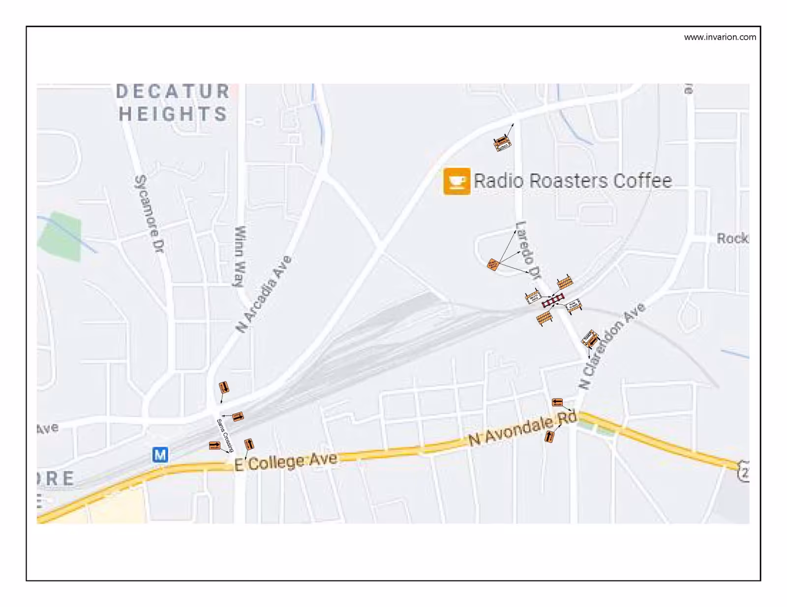 Map showing Decatur Heights with roads, rail tracks, and landmarks like Radio Roasters Coffee. Emphasizes connectivity and location.