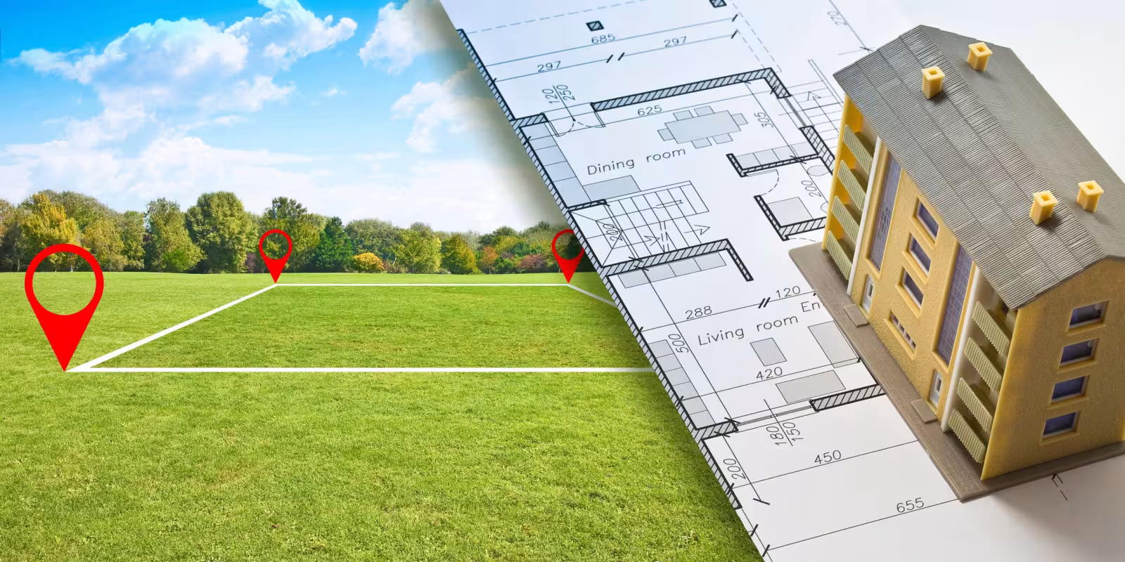Image of green land area with trees in the background with blue sky and white clouds on a sunny day. A black, grey, and white blueprint rendering with a model apartment structure