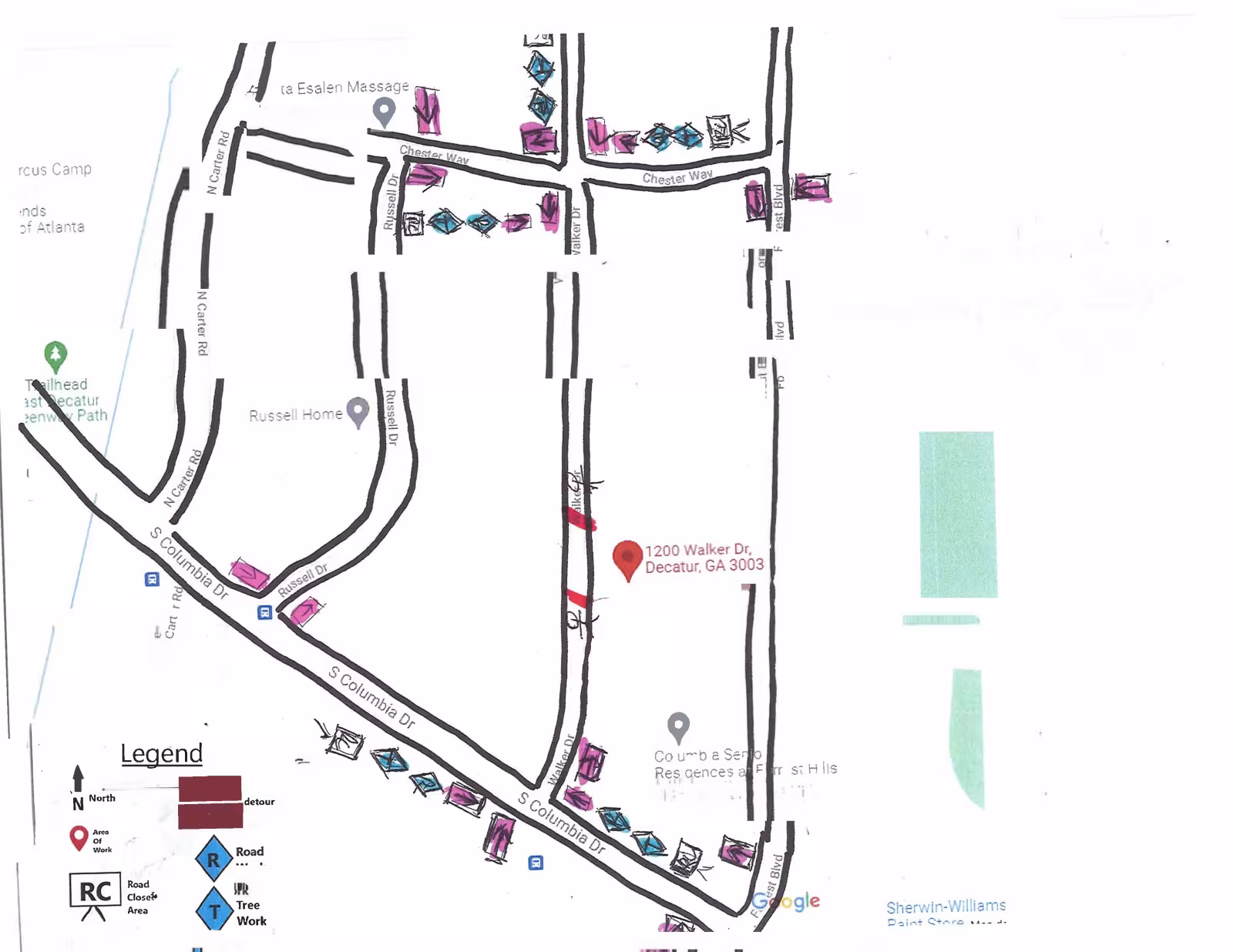 Hand-drawn map of Decatur, GA, features marked roads with icons indicating construction areas, road closures, and tree work. Highlighted address: 1200 Walker Dr.
