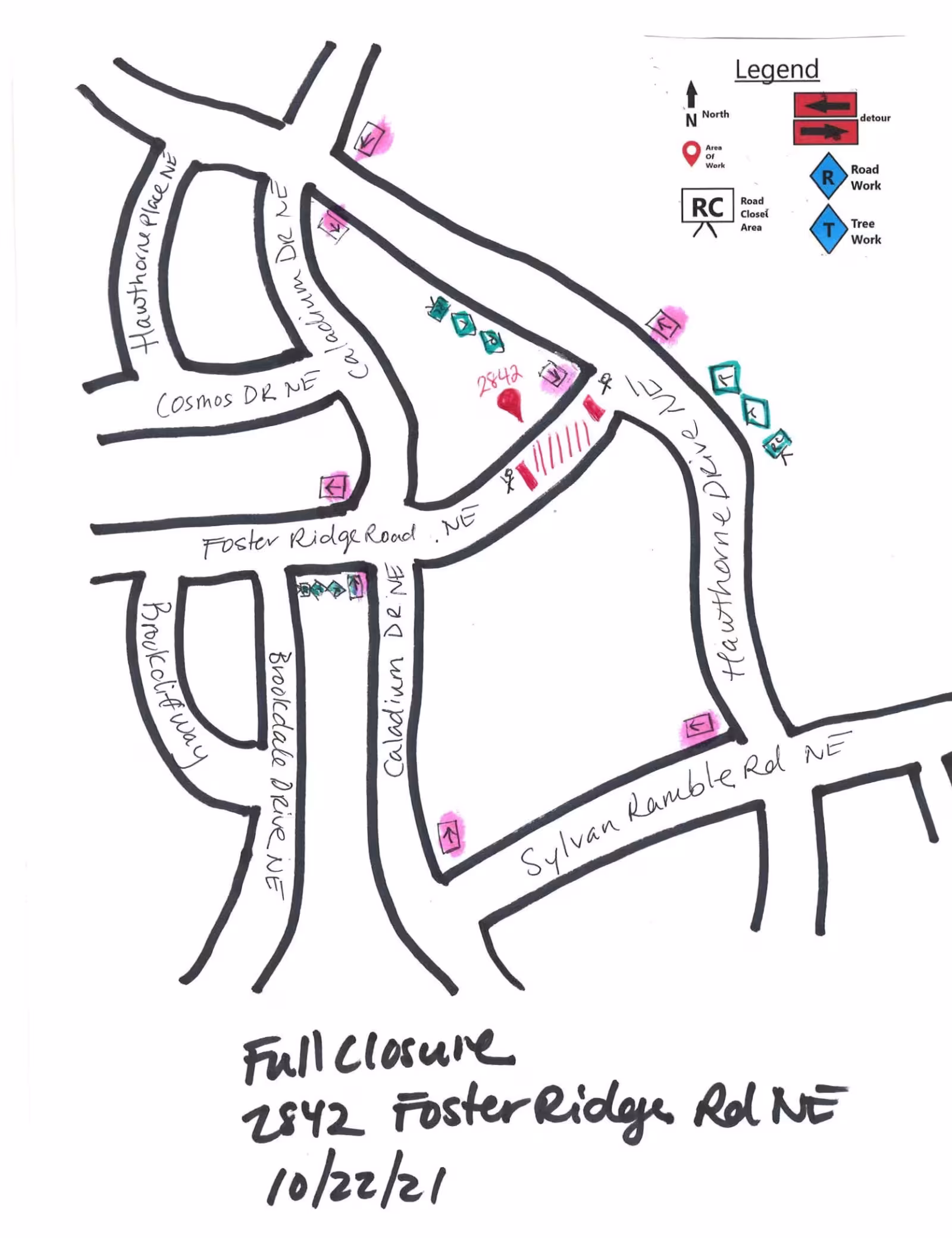 Hand-drawn map showing road closure of 2842 Foster Ridge Road NE. Marked with red area labeled "RC." Surrounding roads include Brockcliff Court, Cardinal Drive, Hawthorne Drive, and Sylvan Ramble Road.