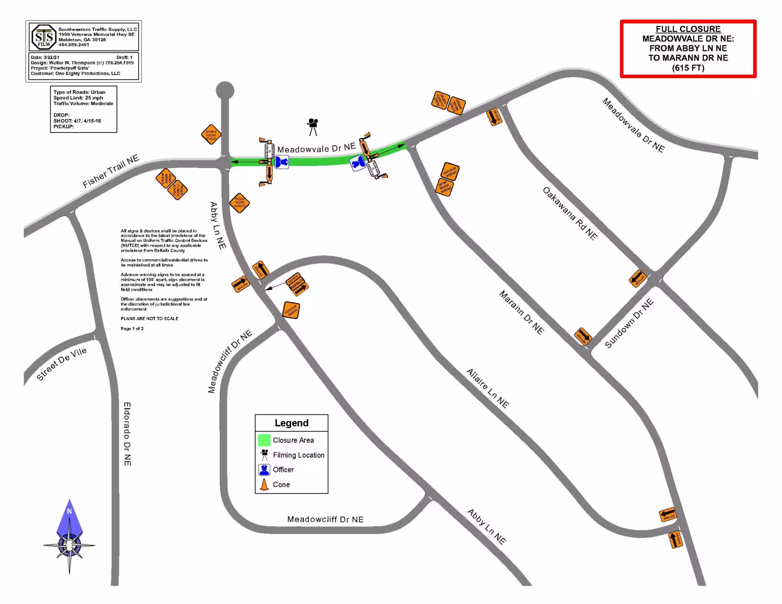 Map showing road closure on Meadowvale Dr NE, highlighted in green. Orange cones and signs indicate closed sections and detours. Legend included.