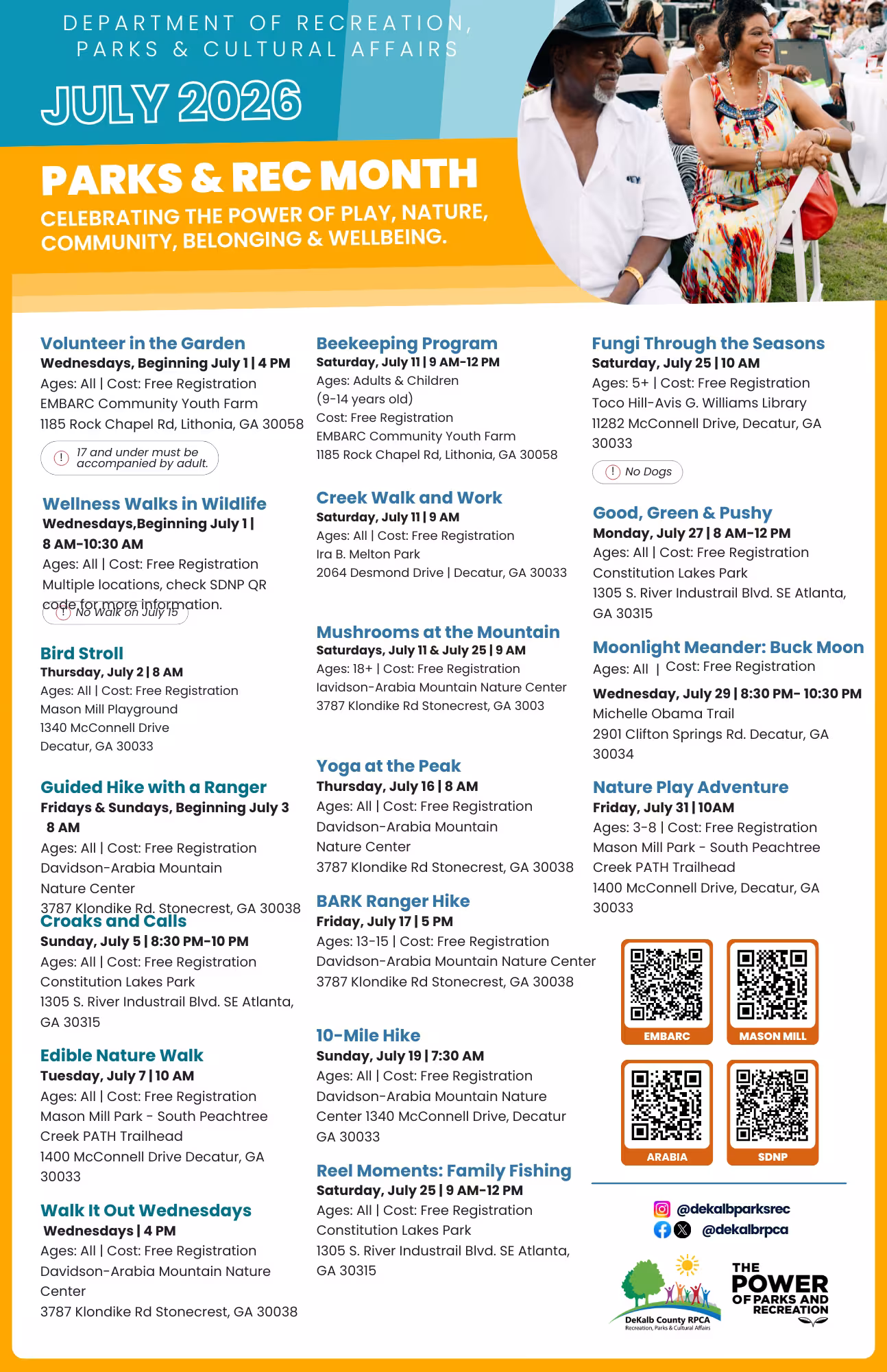 July Parks and Recreation Calendar with date, times and locations for programs