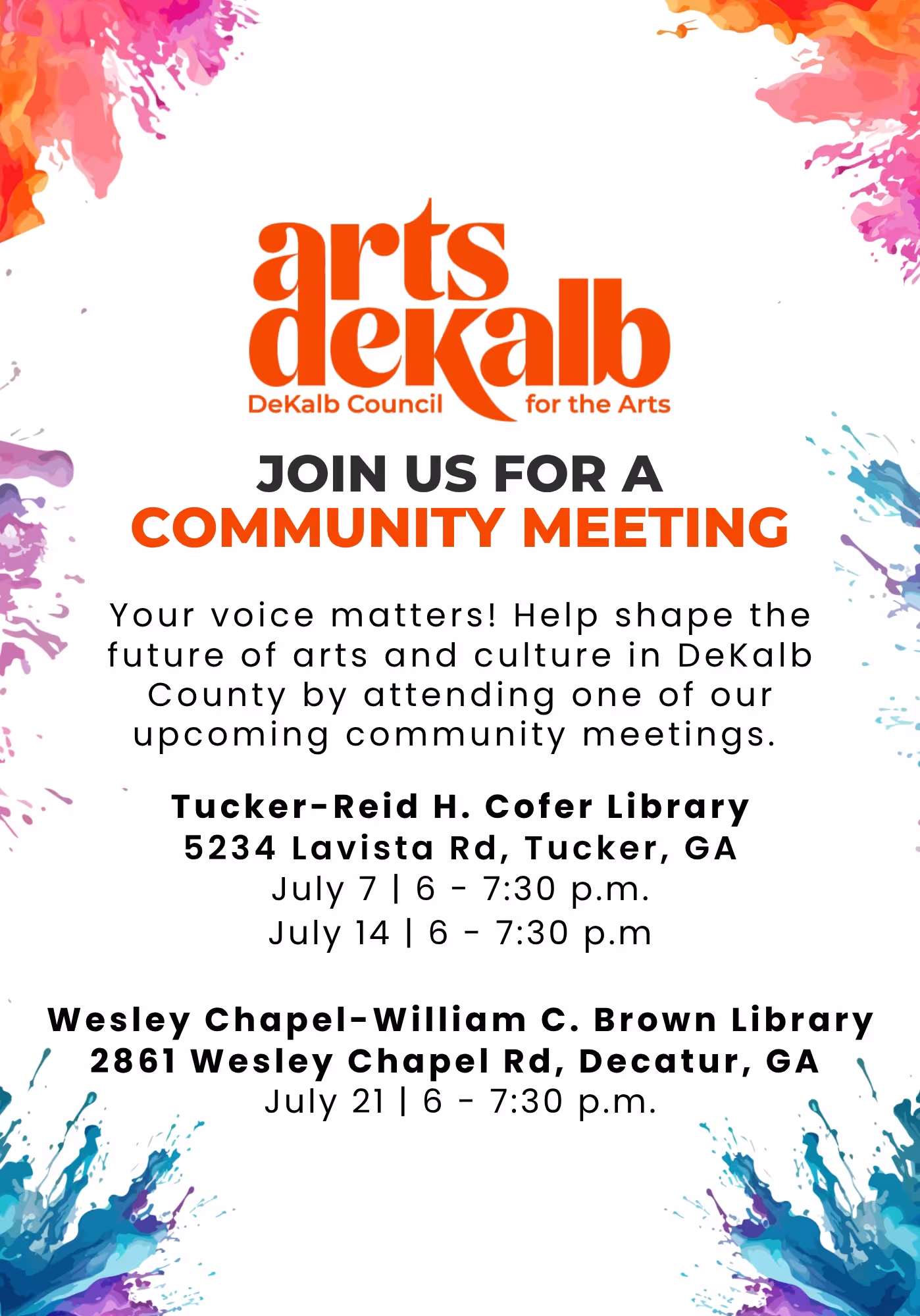 Arts DeKalb Community Flyer with dates and times displayed
