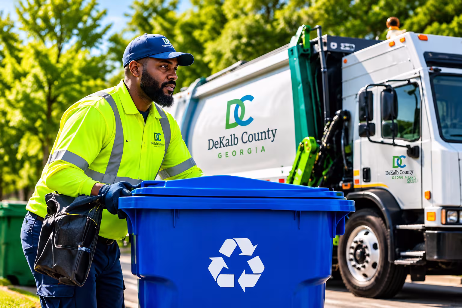 DeKalb County Solid Waste Management stay informed banner of sanitation worker pushing waste cart