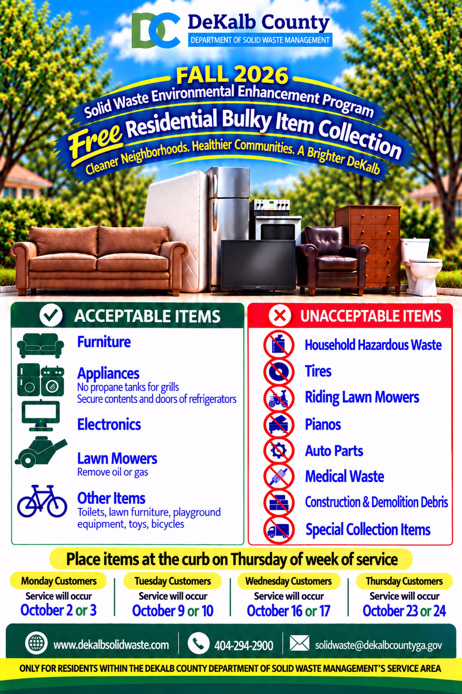 DeKalb County Department of Solid Waste Management Fall 2026 Free Residential Bulky Item Collection flyer with acceptable and unacceptable items and October collection schedule.