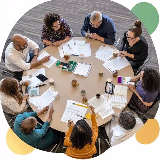Meeting circle of individuals sitting at a table 