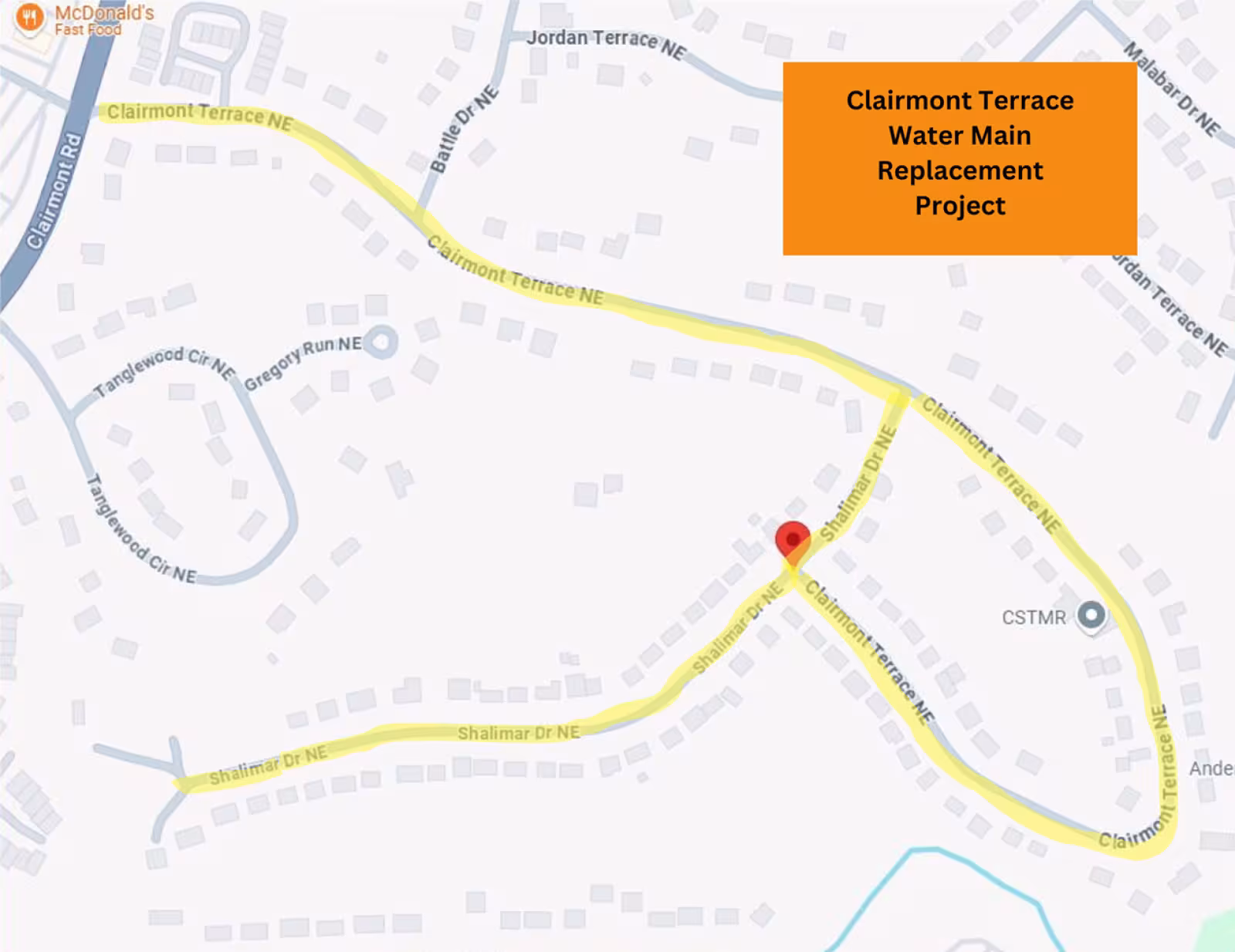 A DeKalb County map showing the Clairmont Terrace water main replacement project marked with a highlighter yellow line with an orange box with black writing inside that read "Clairmont Terrace Water Main Replacement Project".