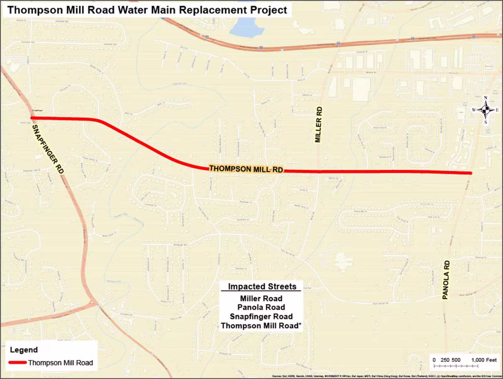 A DeKalb County map showing the Thompson Mill water main replacement project marked with a red line with a list of four impacted streets and several highlighted street names.