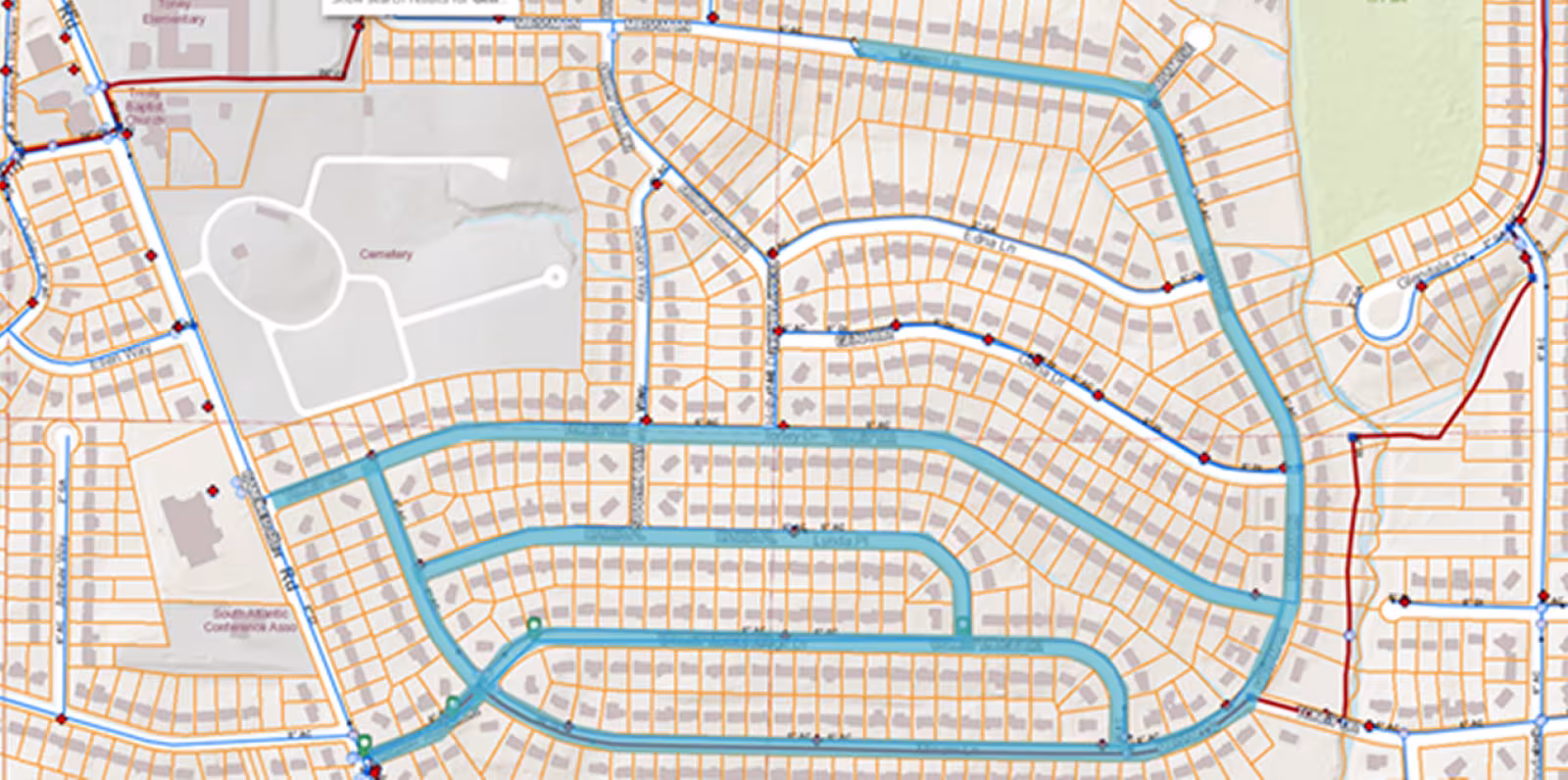 A DeKalb County map showing the Miriam Lane waterline replacement project marked with a blue line with streets marked with a dark blue line and red dots with other areas marked in light orange.