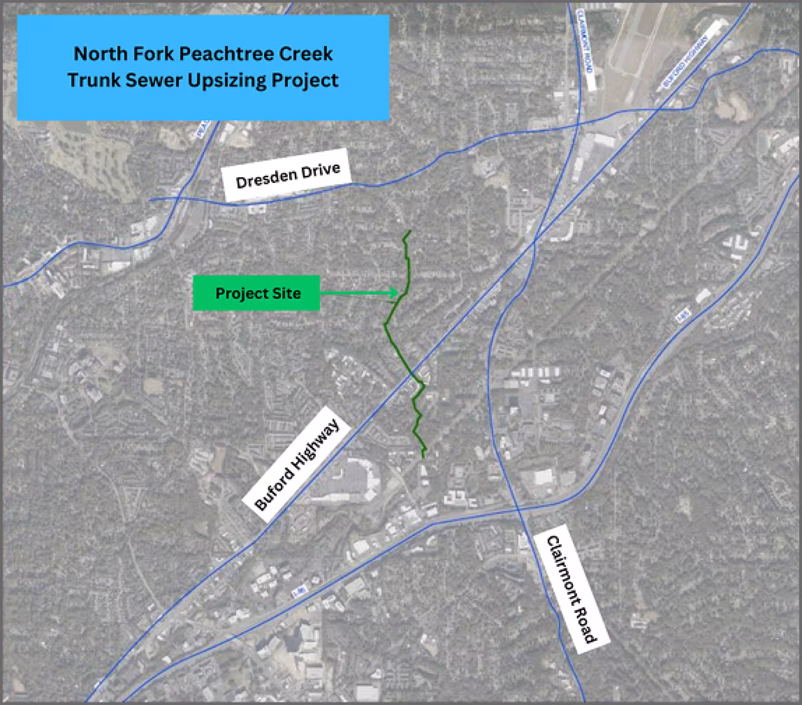 A DeKalb County map showing the North Fork Peachtree Creek trunk sewer upsizing project marked with a green line.