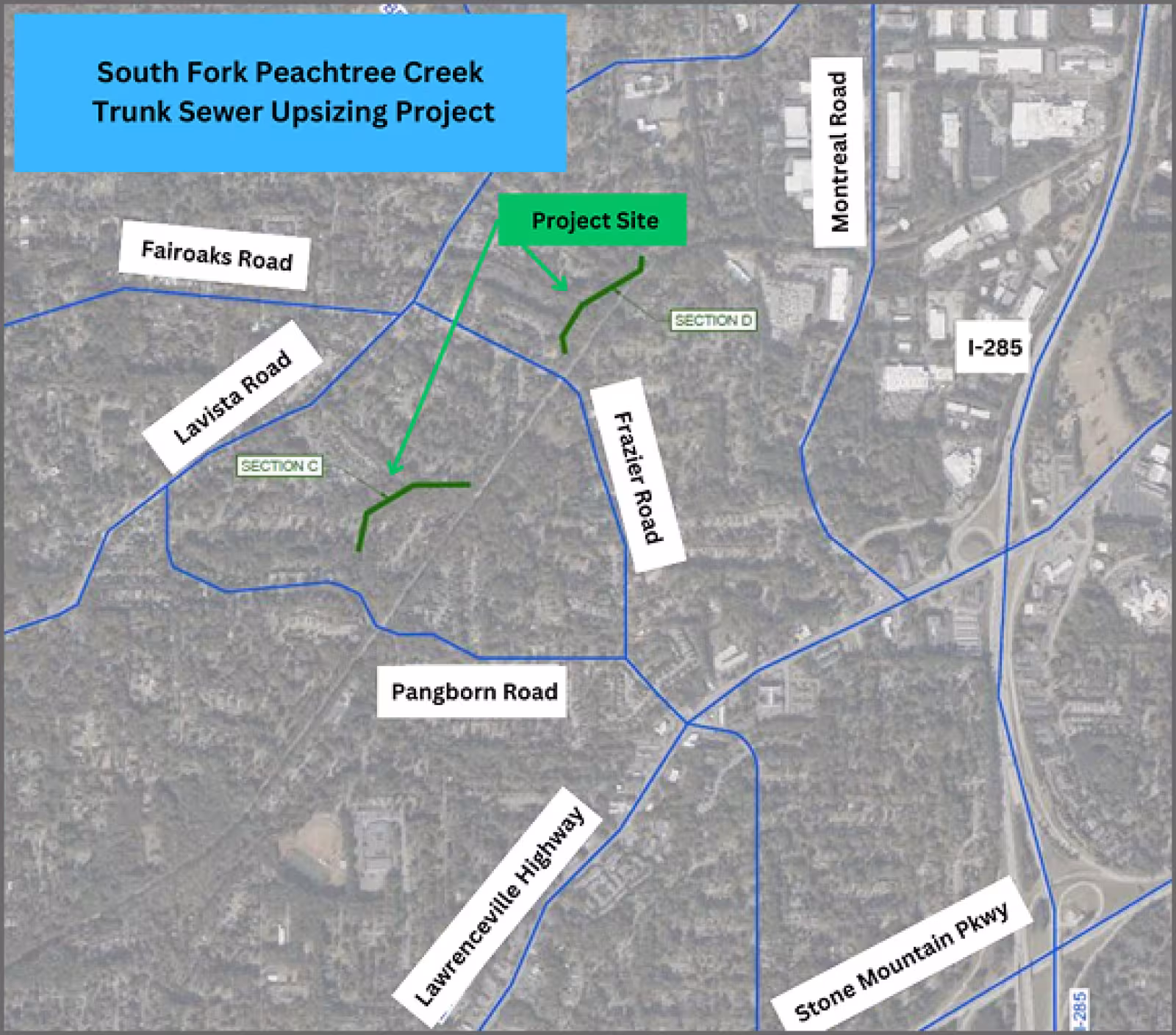 A DeKalb County map showing the South Fork Peachtree Creek trunk sewer upsizing project marked with a green line.