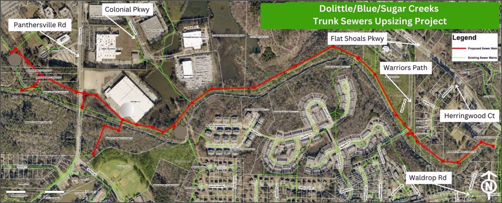 A DeKalb County map showing the Doolittle/Blue/Sugar Creeks trunk sewer upsizing project Section two marked with a red line with a green line marking other streets.
