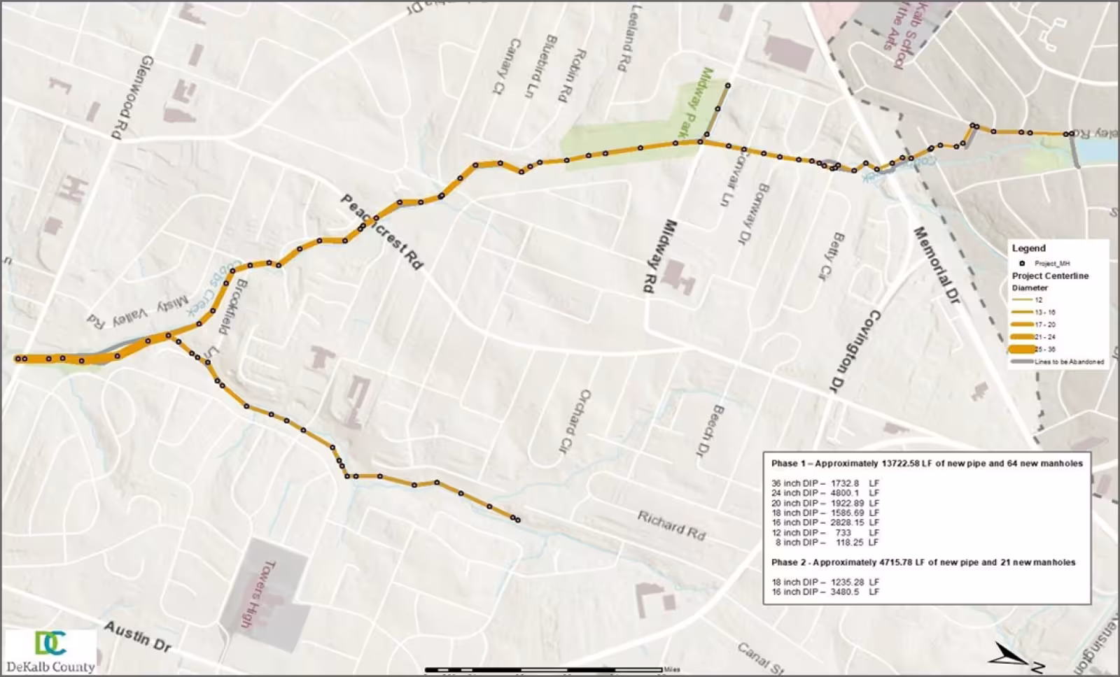 A DeKalb County map showing the Cobb Creek sewer improvement project marked with a yellow line.
