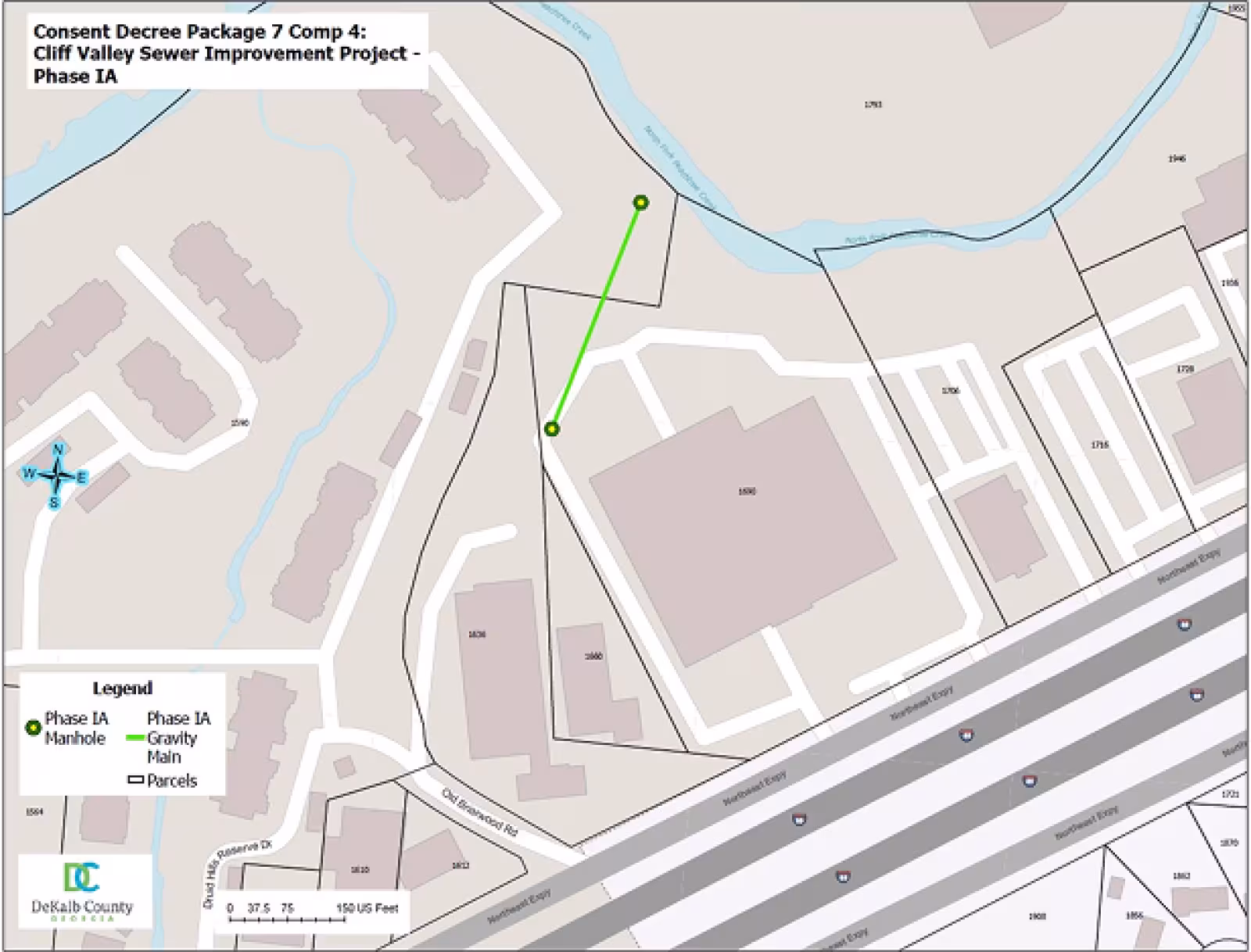 A DeKalb County map showing the Cliff Valley sewer improvement project marked with a green line.