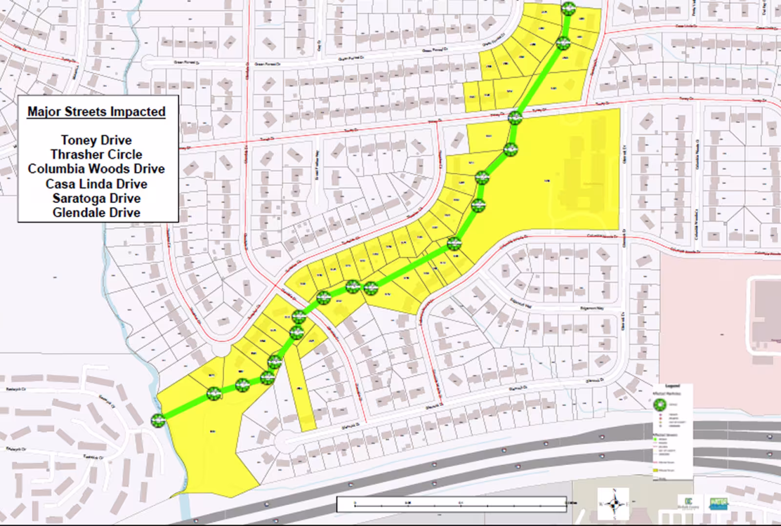 A DeKalb County map showing the Columbia/Toney Drive sewer improvement project marked with green and red lines with yellow areas marked and a list of six major impacted roads.