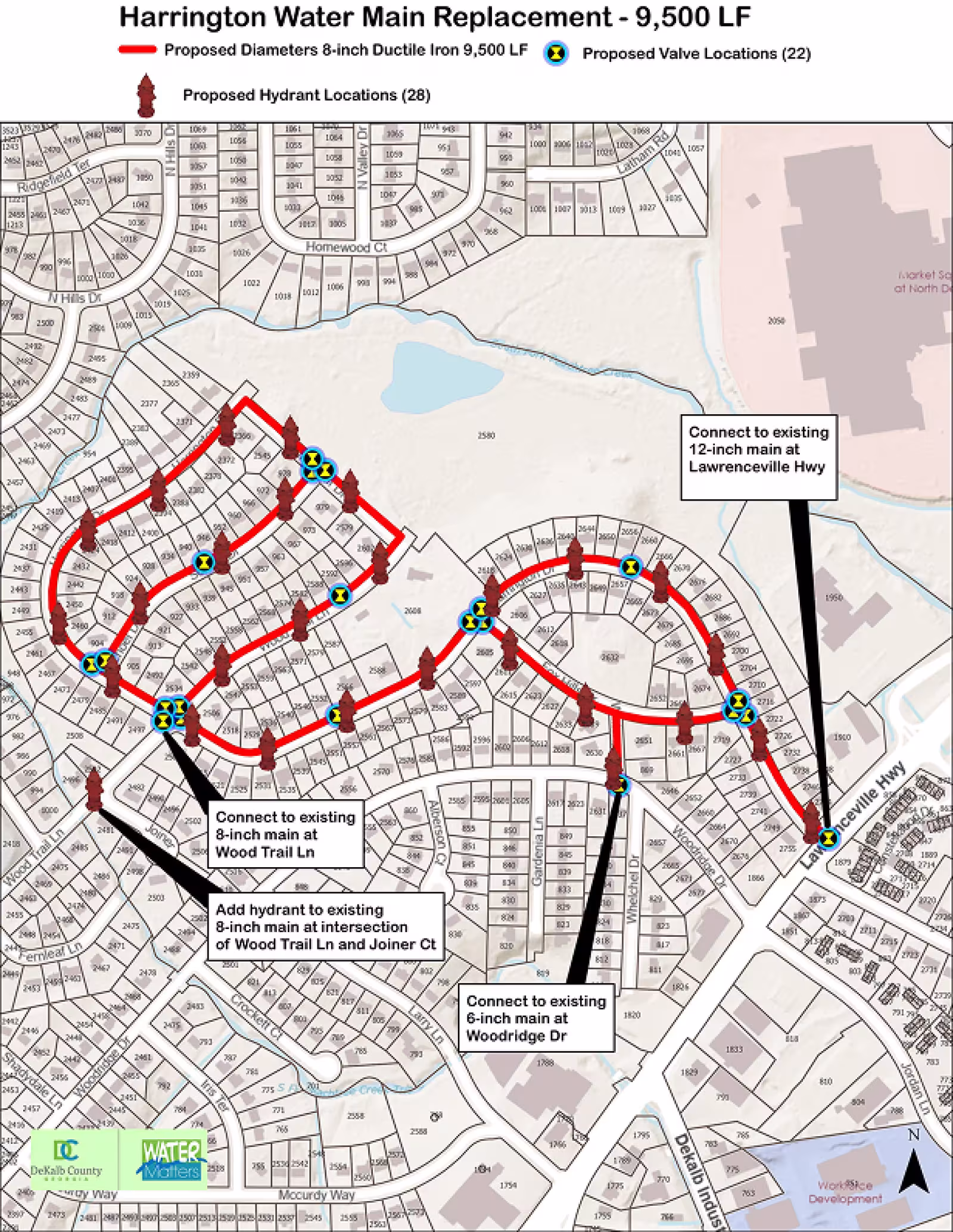 A DeKalb County map showing the Harrington water main replacement marked with a red line and fire hydrants and manholes marked with icons.
